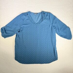 CURE Blue Geometric Print V Neck Roll Tab Sleeve Tunic Top‎ Women X1 Boho Preppy